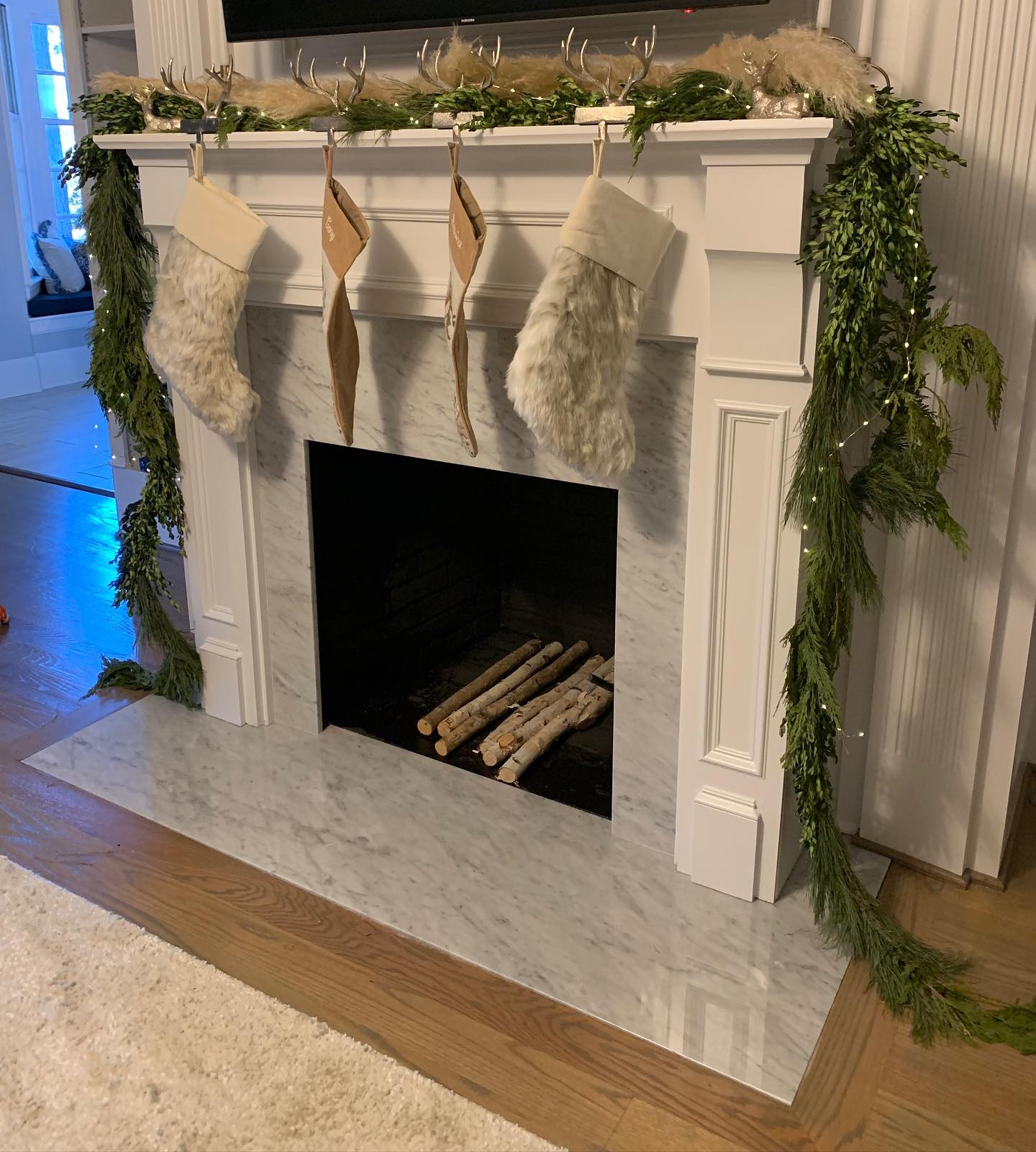 White granite fireplace surround