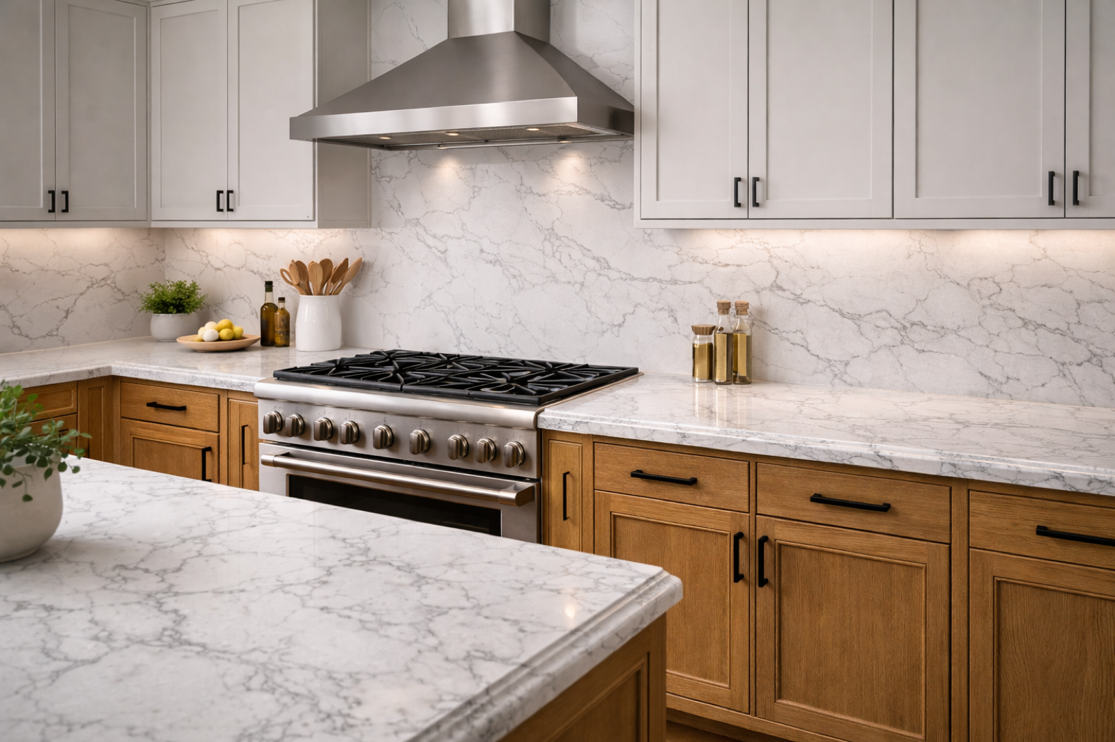 Stone backsplash with range