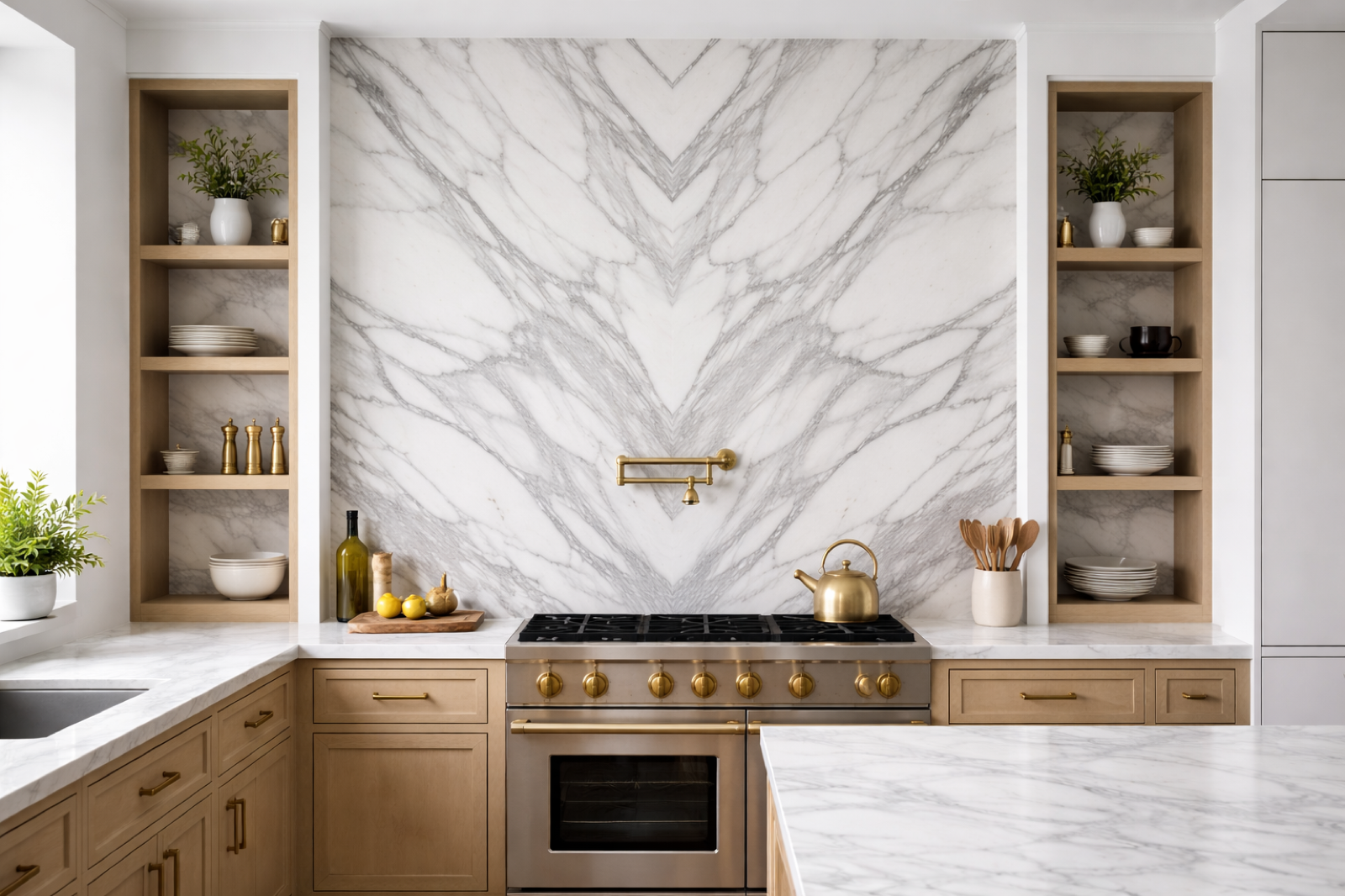 Full slab quartz backsplash